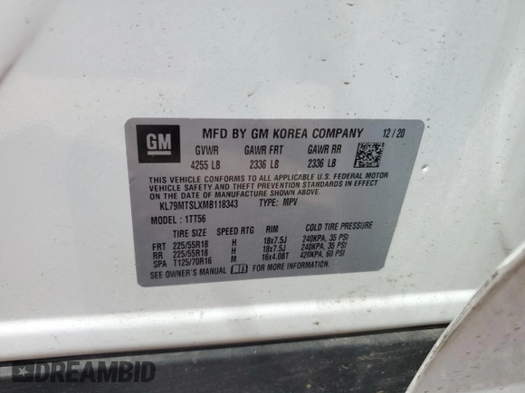 2021 Chevrolet TrailBlazer RS with VIN KL79MTSLXMB118343, listed as a Copart auction lot 70163624 with 49,889 mi miles and Salvage Title. Bid and sale history available at DreamBid. Image 12.