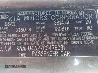 2012 Kia Forte EX with VIN KNAFU4A27C5476031, listed as a IAAI auction lot 41633058 with 137,998 mi miles. Bid and sale history available at carsss.com. Image 9.