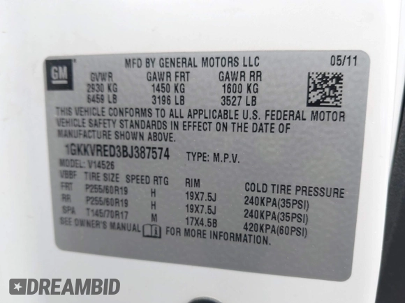 2011 GMC Acadia SLT1 with VIN 1GKKVRED3BJ387574, listed as a IAAI auction lot 42201813 with 158,832 mi miles and . Bid and sale history available at DreamBid. Image 9.