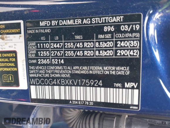 2019 Mercedes-Benz GLC with VIN WDC0G4KBXKV175924, listed as a IAAI auction lot 41906618 with 73,681 mi miles. Bid and sale history available at carsss.com. Image 9.
