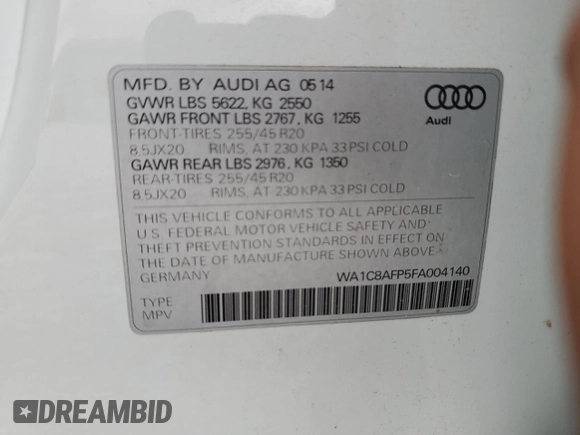 2015 Audi Q5 Hybrid Prestige with VIN WA1C8AFP5FA004140, listed as a Copart auction lot 59724025 with 41,445 mi miles and Clean title. Bid and sale history available at DreamBid. Image 13.