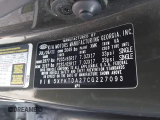 2012 Kia Sorento LX with VIN 5XYKTDA27CG227093, listed as a IAAI auction lot 41503291 with 206,924 mi miles. Bid and sale history available at carsss.com. Image 9.