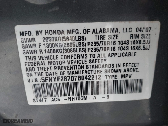 2007 Honda Pilot EX-L with VIN 5FNYF28707B042212, listed as a IAAI auction lot 41478485 with 182,849 mi miles. Bid and sale history available at carsss.com. Image 9.