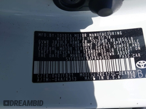 2018 Toyota Corolla L z VIN 5YFBURHE6JP849560, wystawiony jako IAAI lot #41321313 z przebiegiem 136 310 mil mil oraz . Historia ofert i sprzedaży dostępna na DreamBid. Obrazek 9.