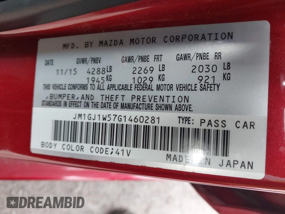 2016 Mazda 6 i Grand Touring with VIN JM1GJ1W57G1460281, listed as a IAAI auction lot 42016051 with 89,784 mi miles. Bid and sale history available at carsss.com. Image 9.