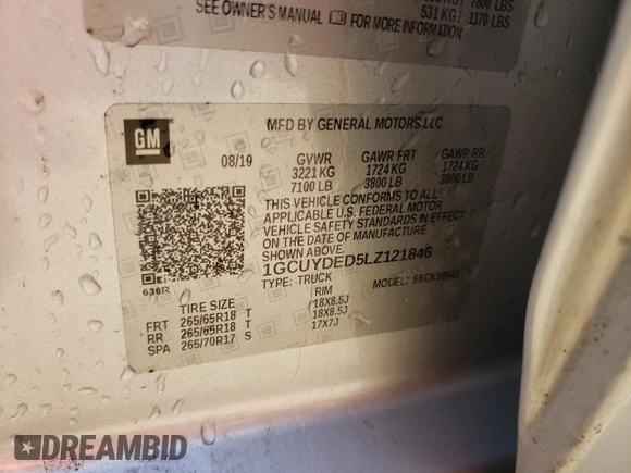 2020 Chevrolet Silverado 1500 LT z VIN 1GCUYDED5LZ121846, wystawiony jako Copart lot #55613855 z przebiegiem 168 205 mil mil oraz Szkoda całkowita • Salvage title. Historia ofert i sprzedaży dostępna na DreamBid. Obrazek 12.