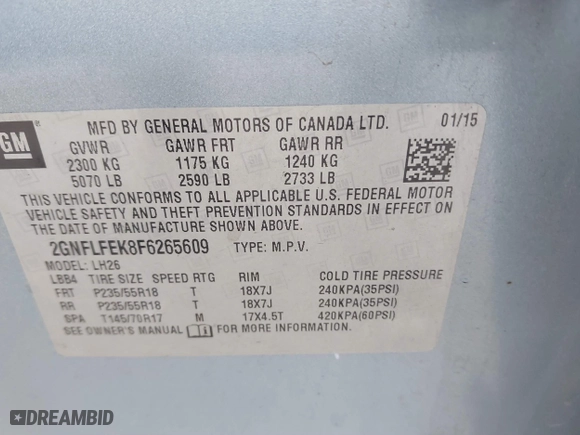 2015 Chevrolet Equinox LT with VIN 2GNFLFEK8F6265609, listed as a IAAI auction lot 41133796 with 115,283 mi miles. Bid and sale history available at carsss.com. Image 9.