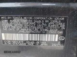 2008 Lexus ES 330 z VIN JTHBJ46G982255116, wystawiony jako IAAI lot #42192725 z przebiegiem 206 985 mil mil oraz . Historia ofert i sprzedaży dostępna na DreamBid. Obrazek 9.