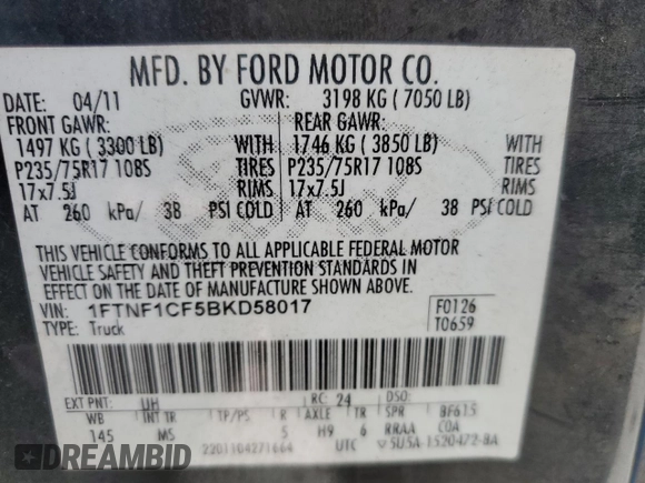 2011 Ford F-150 XL with VIN 1FTNF1CF5BKD58017, listed as a Copart auction lot 60676535 with 149,280 mi miles and Clean title. Bid and sale history available at DreamBid. Image 12.
