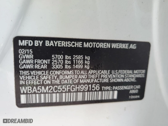 2015 BMW 5 Series Gran Turismo 535i with VIN WBA5M2C55FGH99156, listed as a Copart auction lot 88298775 with 154,050 mi miles and Salvage Title. Bid and sale history available at carsss.com. Image 13.