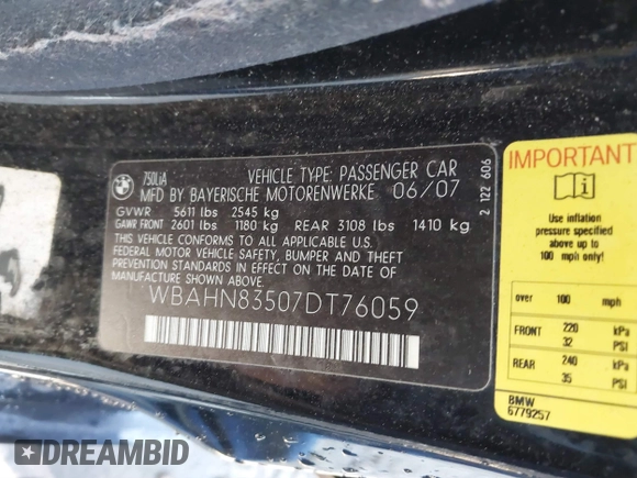 2007 BMW 7 Series 750Li with VIN WBAHN83507DT76059, listed as a IAAI auction lot 41437158 with Not Provided miles and . Bid and sale history available at DreamBid. Image 9.