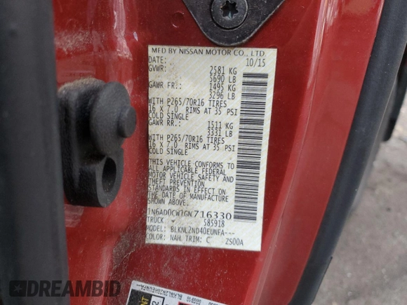 2016 Nissan Frontier SV with VIN 1N6AD0CW1GN716330, listed as a Copart auction lot 87077834 with 70,646 mi miles and Salvage title. Bid and sale history available at DreamBid. Image 14.