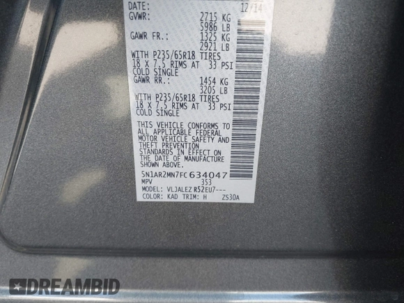 2015 Nissan Pathfinder SV z VIN 5N1AR2MN7FC634047, wystawiony jako IAAI lot #41678376 z przebiegiem 151 580 mil mil oraz . Historia ofert i sprzedaży dostępna na DreamBid. Obrazek 9.
