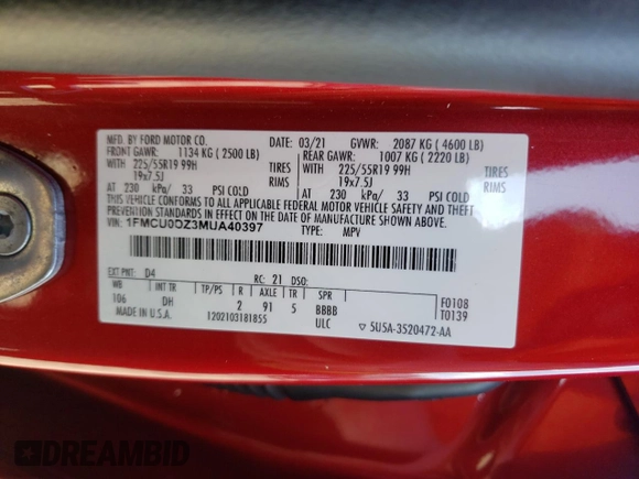 2021 Ford Escape Titanium Hybrid z VIN 1FMCU0DZ3MUA40397, wystawiony jako Copart lot #46353745 z przebiegiem 32 167 mil mil oraz Szkody całkowita. Historia ofert i sprzedaży dostępna na DreamBid. Obrazek 13.