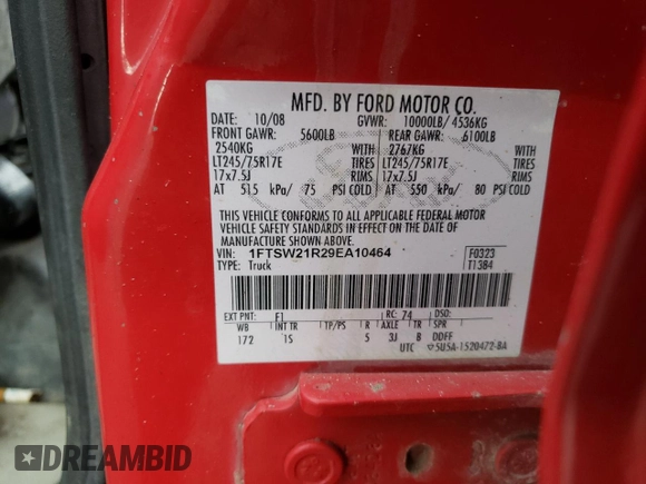 2009 Ford F-250 XL z VIN 1FTSW21R29EA10464, wystawiony jako Copart lot #57872225 z przebiegiem 70 347 mil mil oraz Nie do naprawy • Non repairable. Historia ofert i sprzedaży dostępna na DreamBid. Obrazek 12.