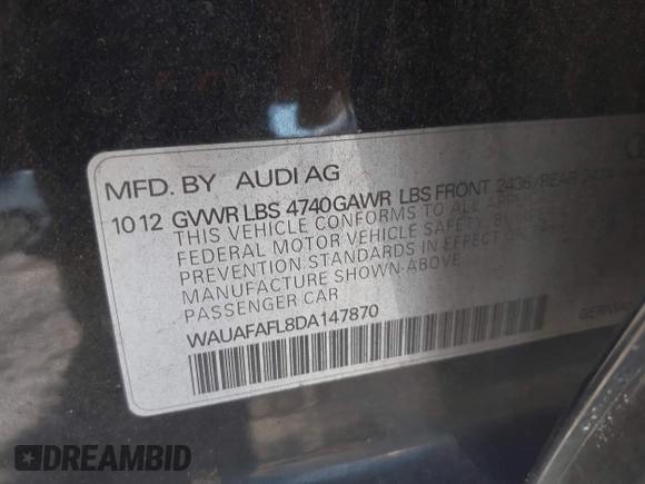 2013 Audi A4 Premium with VIN WAUAFAFL8DA147870, listed as a IAAI auction lot 41690927 with 115,030 mi miles. Bid and sale history available at carsss.com. Image 9.