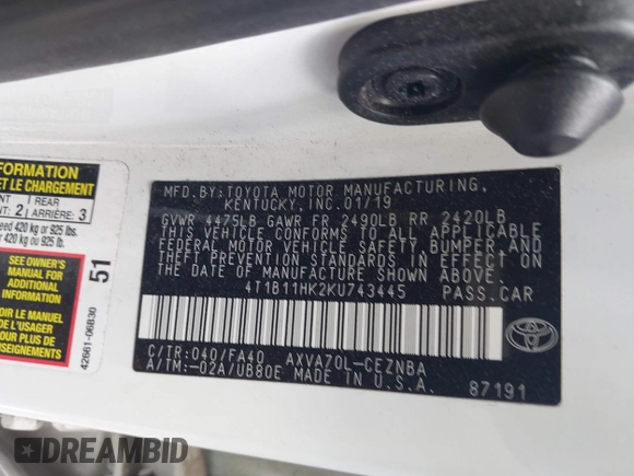 2019 Toyota Camry LE with VIN 4T1B11HK2KU743445, listed as a IAAI auction lot 42129688 with 284,938 mi miles and . Bid and sale history available at DreamBid. Image 9.