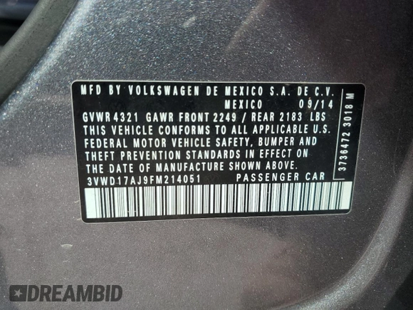 2015 Volkswagen Jetta Sport with VIN 3VWD17AJ9FM214051, listed as a Copart auction lot 45577485 with 109,361 mi miles and Non repairable. Bid and sale history available at DreamBid. Image 12.