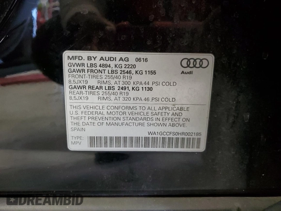 2017 Audi Q3 Prestige with VIN WA1GCCFS0HR002185, listed as a Copart auction lot 76092414 with 100,171 mi miles and Salvage Title. Bid and sale history available at carsss.com. Image 16.