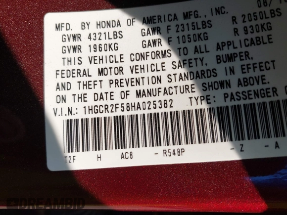 2017 Honda Accord Sport with VIN 1HGCR2F58HA025382, listed as a IAAI auction lot 42020349 with 107,021 mi miles. Bid and sale history available at carsss.com. Image 9.