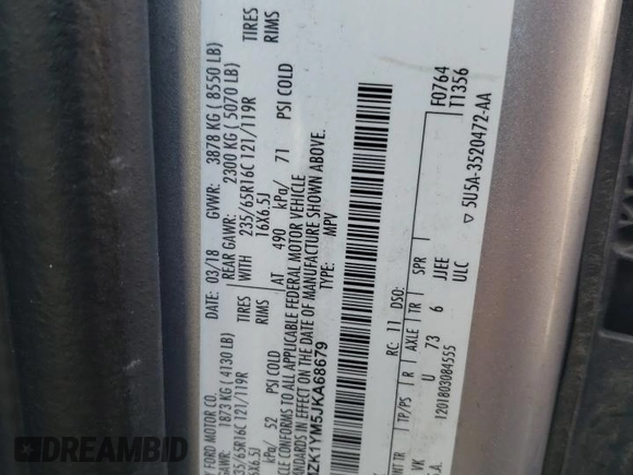2018 Ford Transit XL with VIN 1FMZK1YM5JKA68679, listed as a Copart auction lot 58753895 with 81,853 mi miles and Salvage title. Bid and sale history available at DreamBid. Image 13.