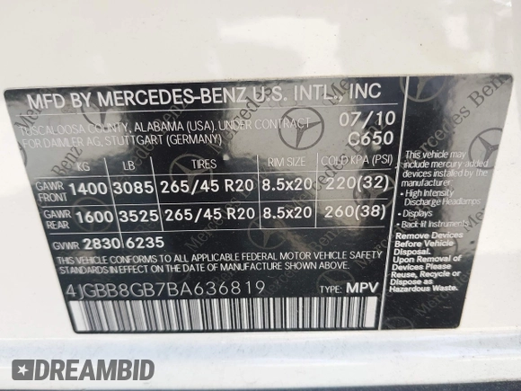 2011 Mercedes-Benz M 350 z VIN 4JGBB8GB7BA636819, wystawiony jako IAAI lot #42211282 z przebiegiem 114 479 mil mil oraz . Historia ofert i sprzedaży dostępna na DreamBid. Obrazek 9.
