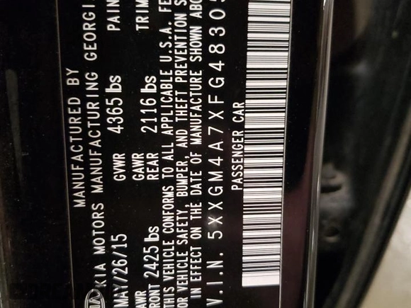 2015 Kia Optima LX with VIN 5XXGM4A7XFG483056, listed as a Copart auction lot 51503795 with 92,355 mi miles and Salvage Title. Bid and sale history available at carsss.com. Image 14.