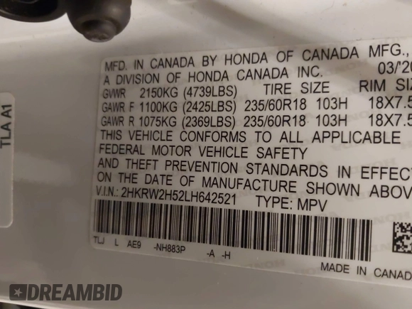 2020 Honda CR-V EX with VIN 2HKRW2H52LH642521, listed as a IAAI auction lot 41586735 with 51,215 mi miles. Bid and sale history available at carsss.com. Image 9.