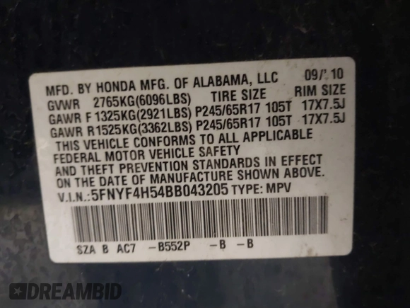 2011 Honda Pilot EX-L with VIN 5FNYF4H54BB043205, listed as a IAAI auction lot 41879077 with 240,108 mi miles. Bid and sale history available at carsss.com. Image 9.