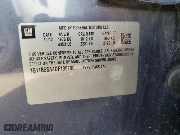 2013 Chevrolet Malibu LS with VIN 1G11B5SA4DF199700, listed as a Copart auction lot 52349415 with 109,444 mi miles and Salvage Title. Bid and sale history available at DreamBid. Image 12.