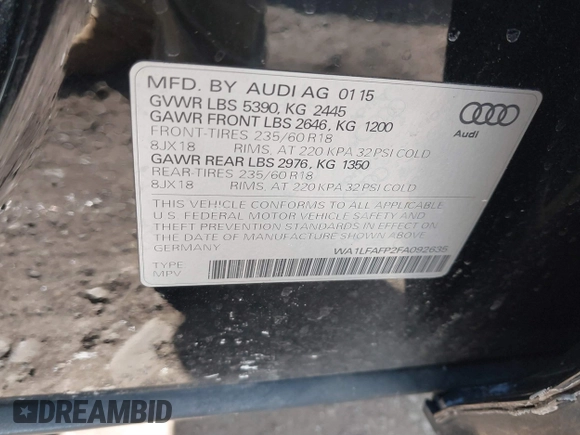 2015 Audi Q5 Premium Plus with VIN WA1LFAFP2FA092635, listed as a IAAI auction lot 41732845 with 104,585 mi miles. Bid and sale history available at carsss.com. Image 9.