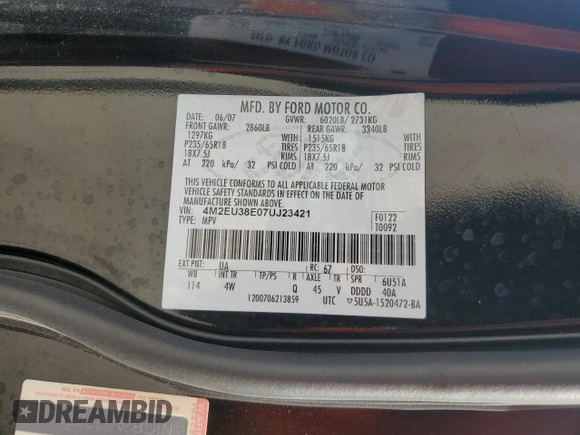 2007 Mercury Mountaineer Premier with VIN 4M2EU38E07UJ23421, listed as a Copart auction lot 80521904 with 146,196 mi miles and Salvage Title. Bid and sale history available at carsss.com. Image 13.