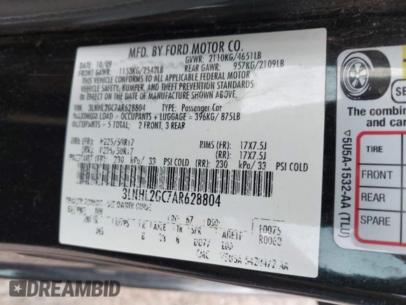 2010 Lincoln MKZ with VIN 3LNHL2GC7AR628804, listed as a IAAI auction lot 42324039 with 137,103 mi miles and . Bid and sale history available at DreamBid. Image 9.