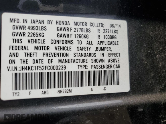 2015 Acura RLX Technology with VIN JH4KC1F52FC000239, listed as a Copart auction lot 53490885 with 34,540 mi miles and Salvage title. Bid and sale history available at DreamBid. Image 12.