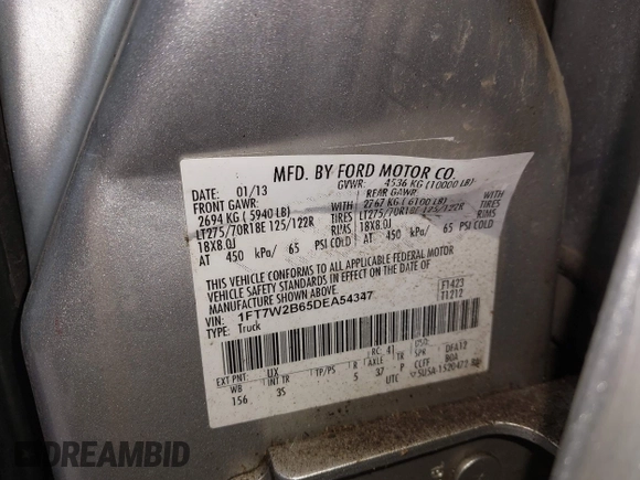 2013 Ford F-250 XL with VIN 1FT7W2B65DEA54347, listed as a IAAI auction lot 42509845 with 106,823 mi miles and . Bid and sale history available at DreamBid. Image 9.