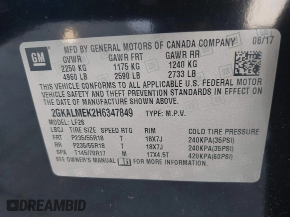 2017 GMC Terrain SLE with VIN 2GKALMEK2H6347849, listed as a IAAI auction lot 41634216 with 61,405 mi miles. Bid and sale history available at carsss.com. Image 9.