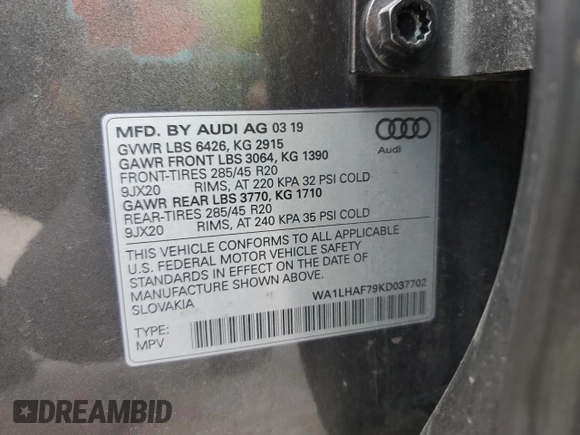 2019 Audi Q7 Premium Plus z VIN WA1LHAF79KD037702, wystawiony jako Copart lot #59628035 z przebiegiem Nie podano mil oraz Szkoda całkowita • Salvage title. Historia ofert i sprzedaży dostępna na DreamBid. Obrazek 14.
