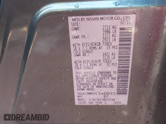 2015 Infiniti QX60 с VIN 5N1AL0MM5FC540035, выставлен на аукционе IAAI как лот 42070650 с пробегом 173 148 миль миль и . История ставок и продаж доступна на DreamBid. Изображение 9.