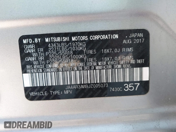 2018 Mitsubishi Outlander Sport SE 2.4 with VIN JA4AR3AW9JZ005073, listed as a IAAI auction lot 41277315 with 72,492 mi miles. Bid and sale history available at carsss.com. Image 9.