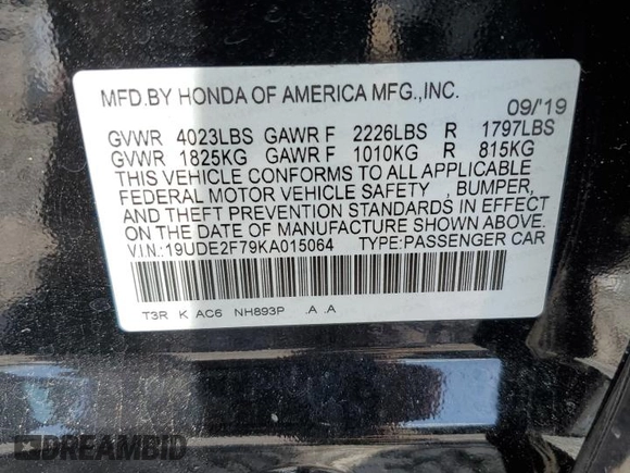 2019 Acura ILX Premium with VIN 19UDE2F79KA015064, listed as a Copart auction lot 65729775 with 78,181 mi miles and Clean title. Bid and sale history available at DreamBid. Image 12.