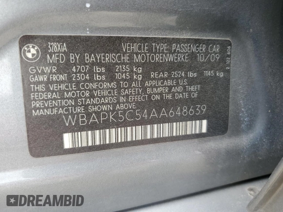 2010 BMW 3 Series 328i xDrive with VIN WBAPK5C54AA648639, listed as a Copart auction lot 53168945 with 174,513 mi miles and Salvage title. Bid and sale history available at DreamBid. Image 12.