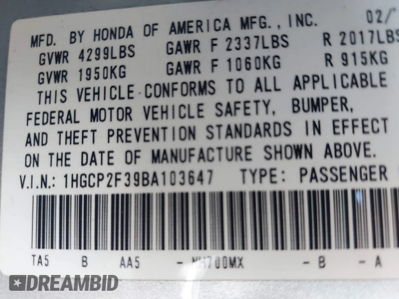 2011 Honda Accord LX with VIN 1HGCP2F39BA103647, listed as a IAAI auction lot 42657216 with 174,228 mi miles and . Bid and sale history available at DreamBid. Image 9.