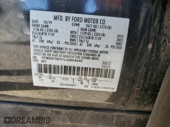 2020 Ford Explorer XLT z VIN 1FMSK7DH1LGB04645, wystawiony jako Copart lot #58984253 z przebiegiem 38 437 mil mil oraz Szkoda całkowita • Salvage title. Historia ofert i sprzedaży dostępna na DreamBid. Obrazek 13.