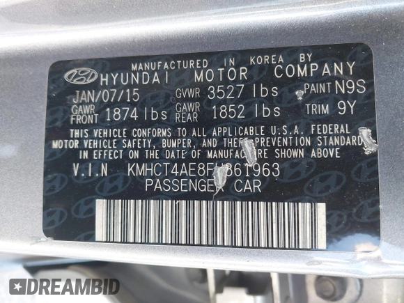 2015 Hyundai Accent GLS with VIN KMHCT4AE8FU861963, listed as a IAAI auction lot 42161059 with 132,629 mi miles and . Bid and sale history available at DreamBid. Image 9.
