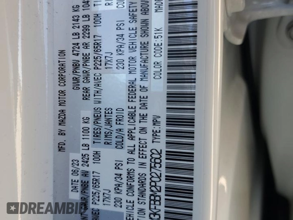 2023 Mazda CX-5 S Select with VIN JM3KFBBM2P0275602, listed as a Copart auction lot 45476235 with 12,017 mi miles and Salvage Title. Bid and sale history available at DreamBid. Image 13.