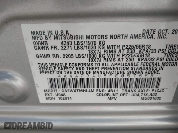 2015 Mitsubishi Outlander Sport ES with VIN 4A4AP3AU8FE057666, listed as a IAAI auction lot 42118019 with 157,543 mi miles. Bid and sale history available at carsss.com. Image 9.