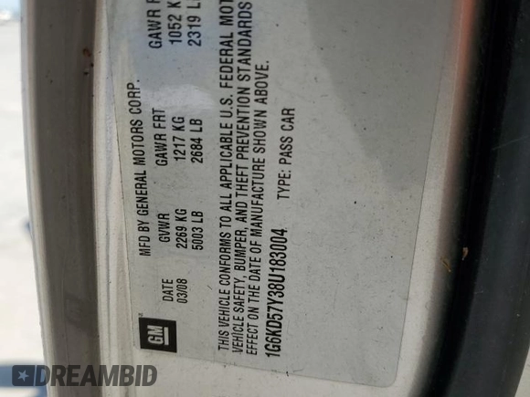 2008 Cadillac DTS 1SA z VIN 1G6KD57Y38U183004, wystawiony jako Copart lot #50410805 z przebiegiem Nie podano mil oraz Szkoda całkowita • Salvage title. Historia ofert i sprzedaży dostępna na DreamBid. Obrazek 14.