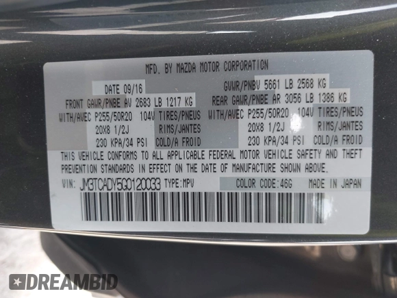 2016 Mazda CX-9 Grand Touring with VIN JM3TCADY5G0120033, listed as a IAAI auction lot 42248488 with 150,044 mi miles and . Bid and sale history available at DreamBid. Image 9.
