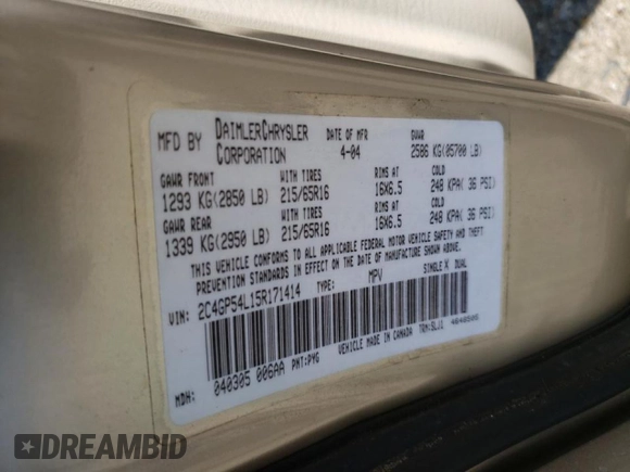 2005 Chrysler Town & Country Touring with VIN 2C4GP54L15R171414, listed as a Copart auction lot 50311912 with 209,689 mi miles and Non Repairable. Bid and sale history available at carsss.com. Image 10.