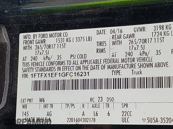 2016 Ford F-150 XLT with VIN 1FTFX1EF1GFC16231, listed as a IAAI auction lot 41947437 with 144,052 mi miles and . Bid and sale history available at DreamBid. Image 9.